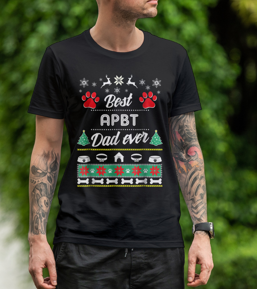Best APBT Dad Ever Paw Bones Dog House Snowflakes Christmas Trees T-Shirt