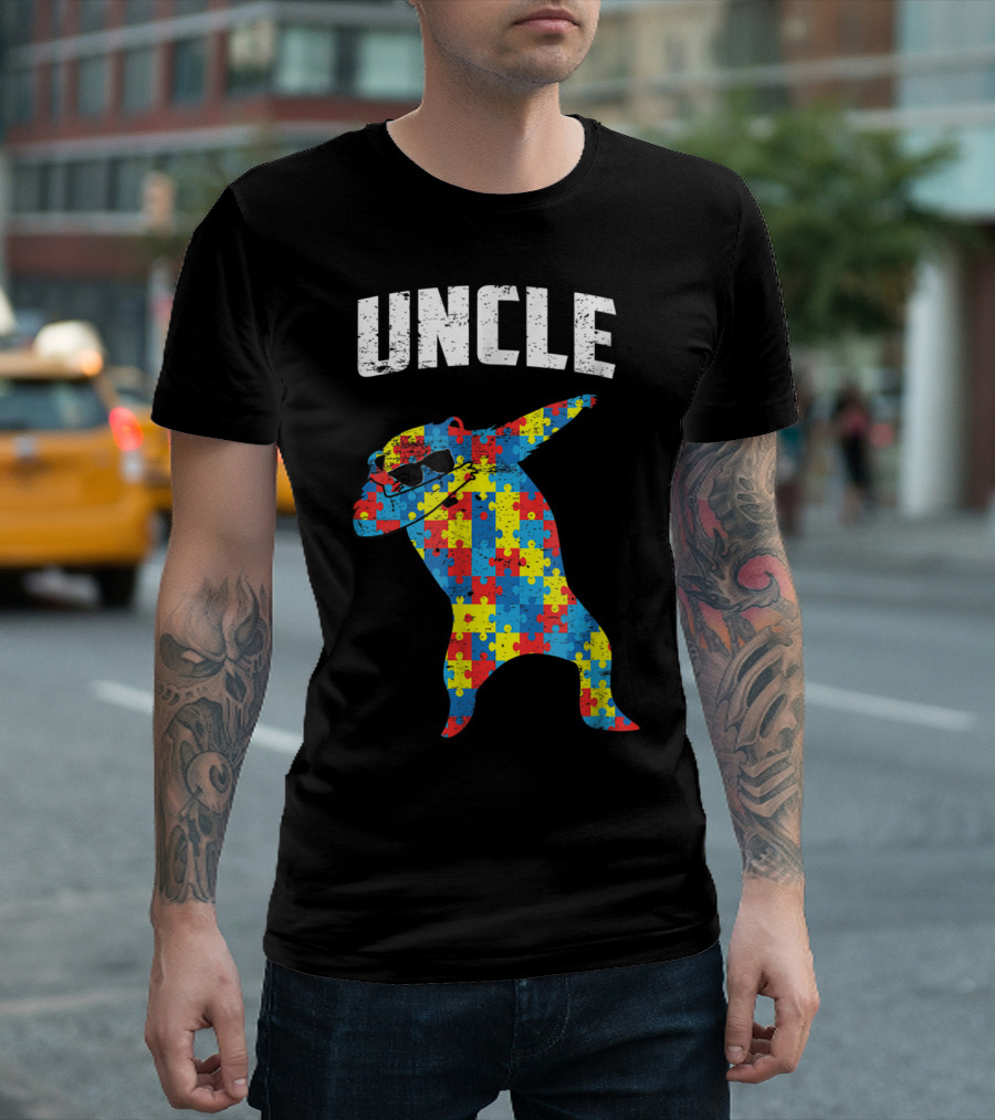 UNCLE Bear Dabbing Puzzle Glasses Autism Mom Dad T-Shirt
