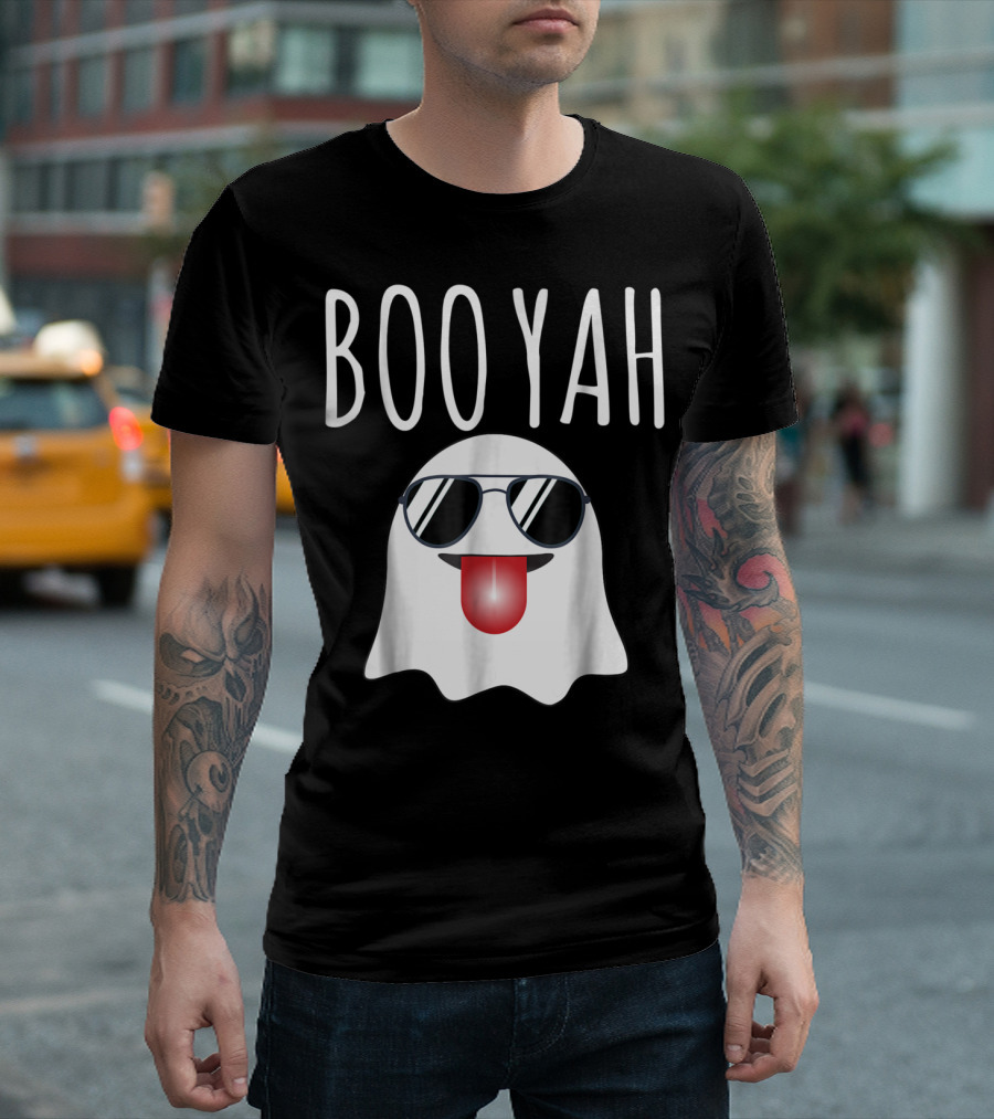 BOO YAH Funny Halloween Dad Ghost with Sunglasses and Tongue Out T-Shirt