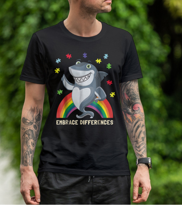 Embrace Differences Autism Awareness Kids Dad Shark Puzzle Piece Rainbow T-Shirt