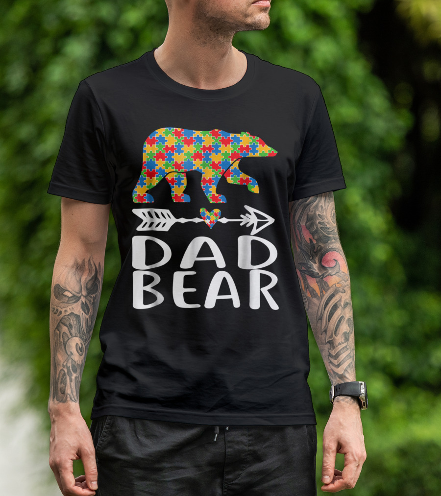 Autism Awareness Bear Puzzle Dad Arrow Heart Family T-Shirt