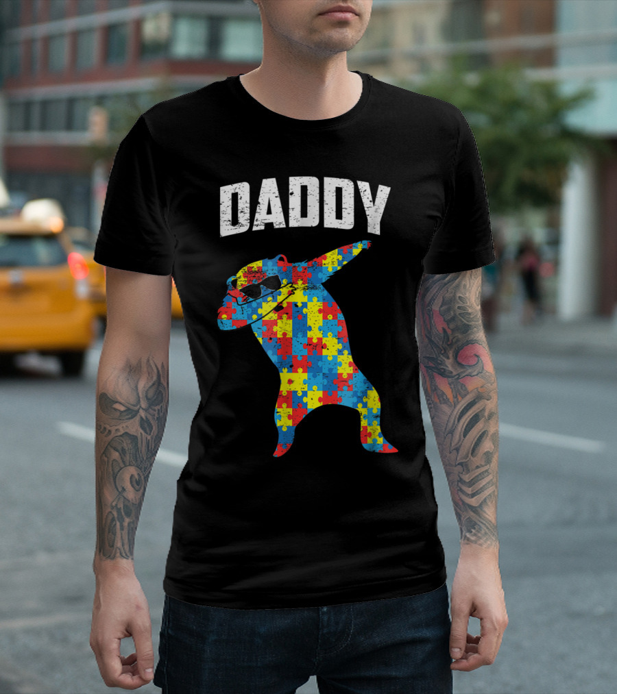 Daddy Bear Autism Puzzle Pattern Dabbing Glasses T-Shirt