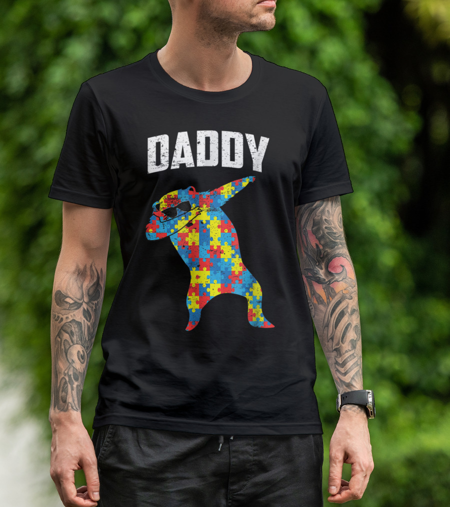 Daddy Bear Autism Puzzle Pattern Dabbing Glasses T-Shirt