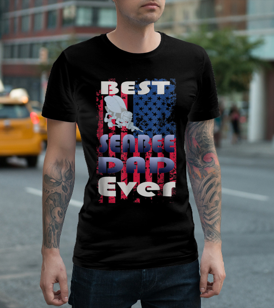 Best Seabee Dad Ever American Flag Bee Mascot T-Shirt