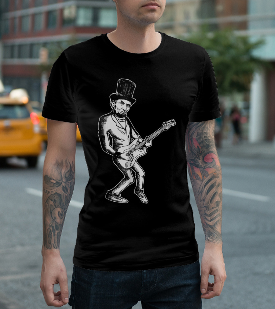 Abraham Lincoln Guitar Dad Rock Star With Top Hat And Electric Guitar T-Shirt