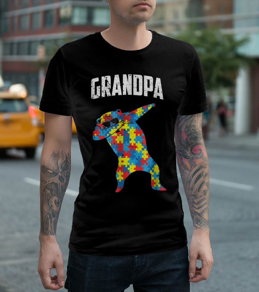 Grandpa Autism Bear Dabbing Puzzle Glasses T-Shirt