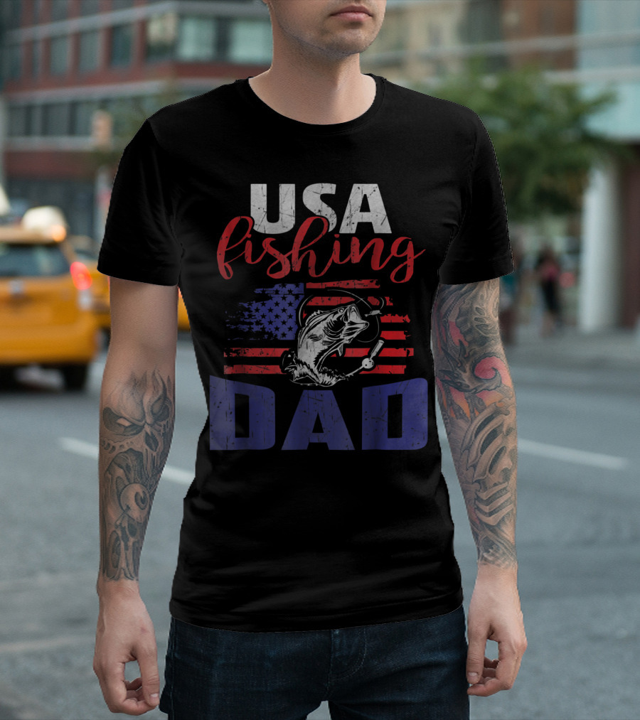USA Fishing Dad American Flag Bass Fish T-Shirt