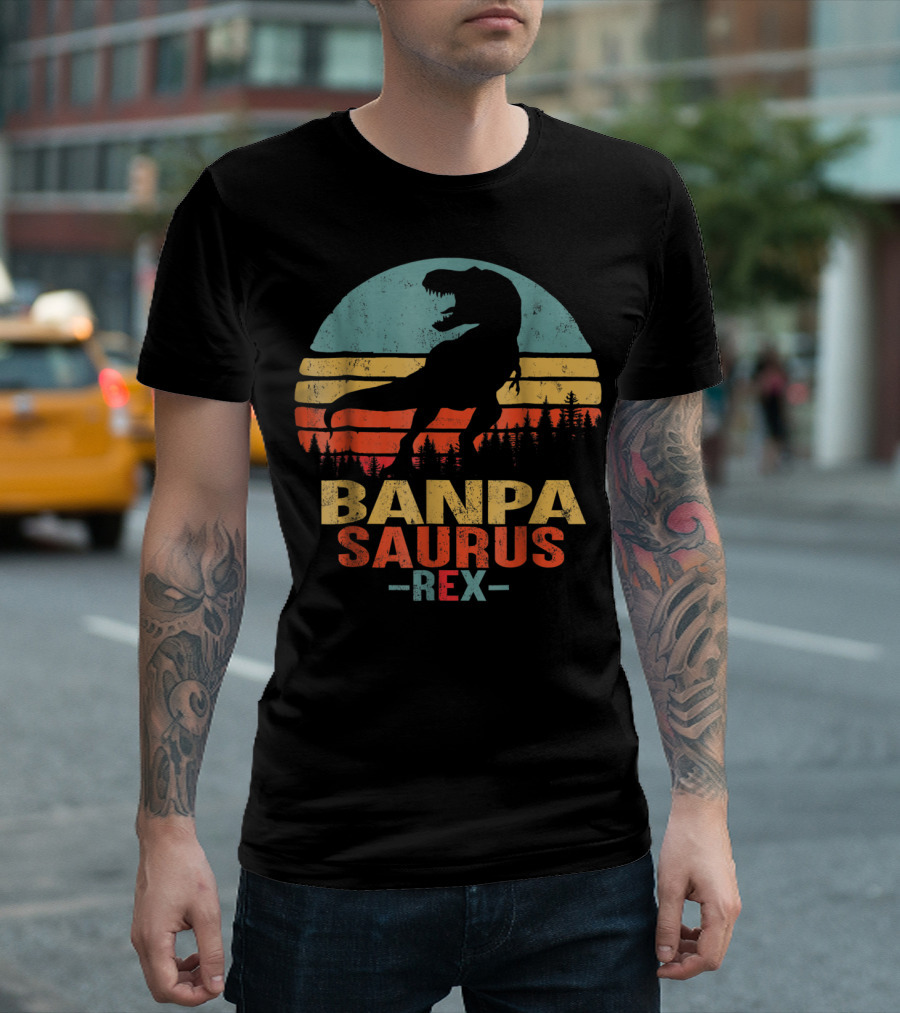 Banpasaurus Rex Dinosaur Men Dad21 Retro Sunset T-Shirt