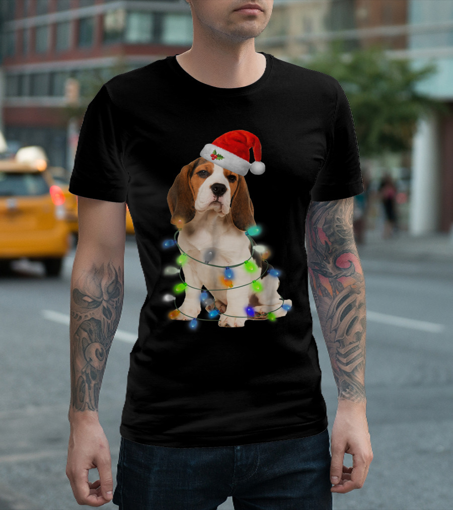 Beagle Wrapped in Christmas Lights with Santa Hat for Mom Women Girl T-Shirt