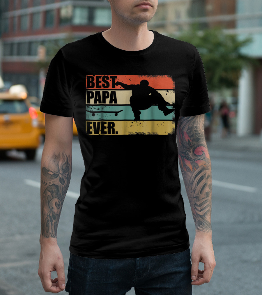 Best Papa Ever Skateboarder Silhouette Retro Stripes T-Shirt