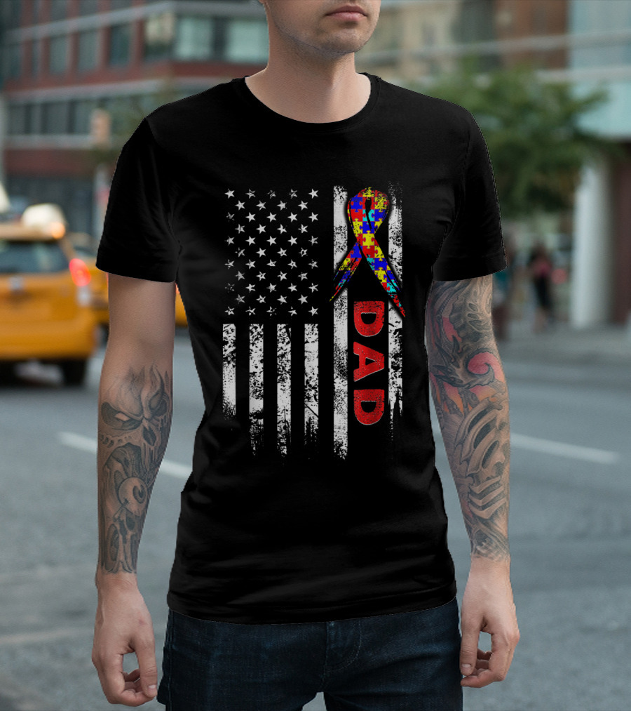 Autism Awareness American Flag Dad Ribbon Puzzle T-Shirt