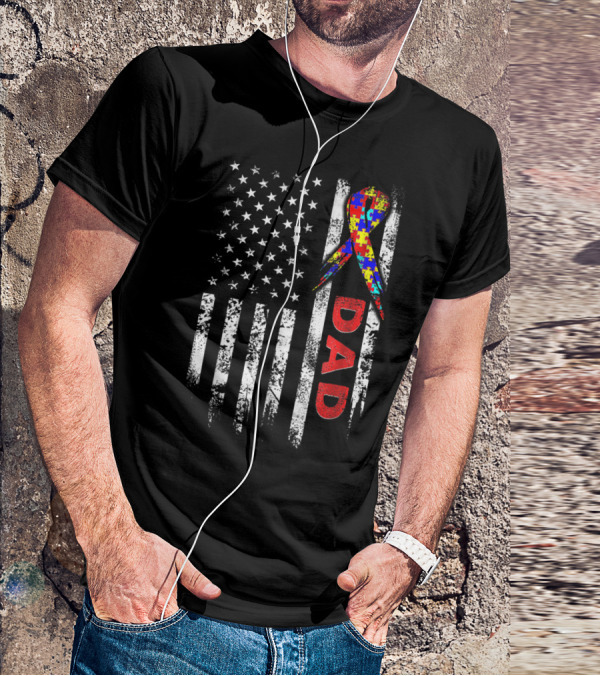 Autism Awareness American Flag Dad Ribbon Puzzle T-Shirt