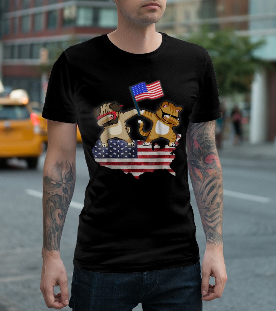 Dad Joke Loading Patriotic Pug and Cat Dabbing with American Flag USA Map T-Shirt
