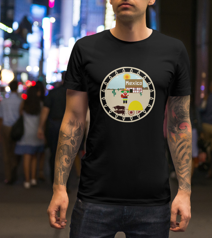 Mexico Village Sun And Sombrero Scene With Donkey Cart And Cactus T-Shirt