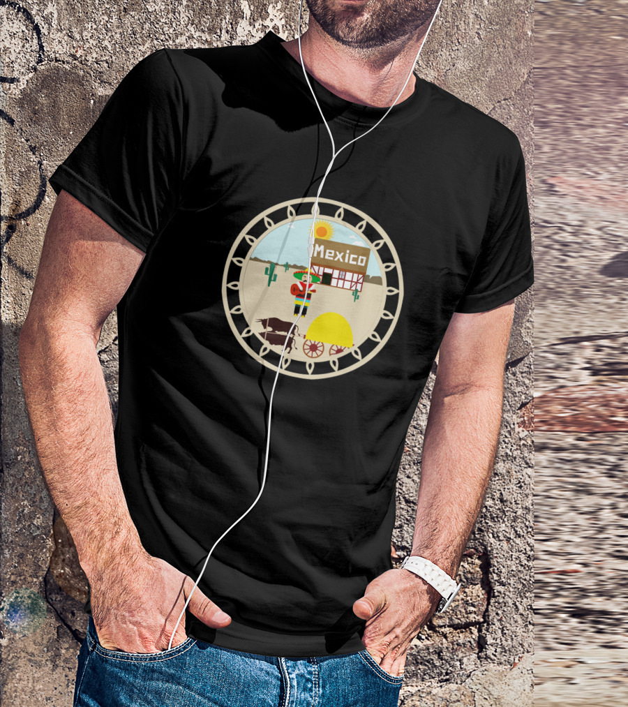 Mexico Village Sun And Sombrero Scene With Donkey Cart And Cactus T-Shirt