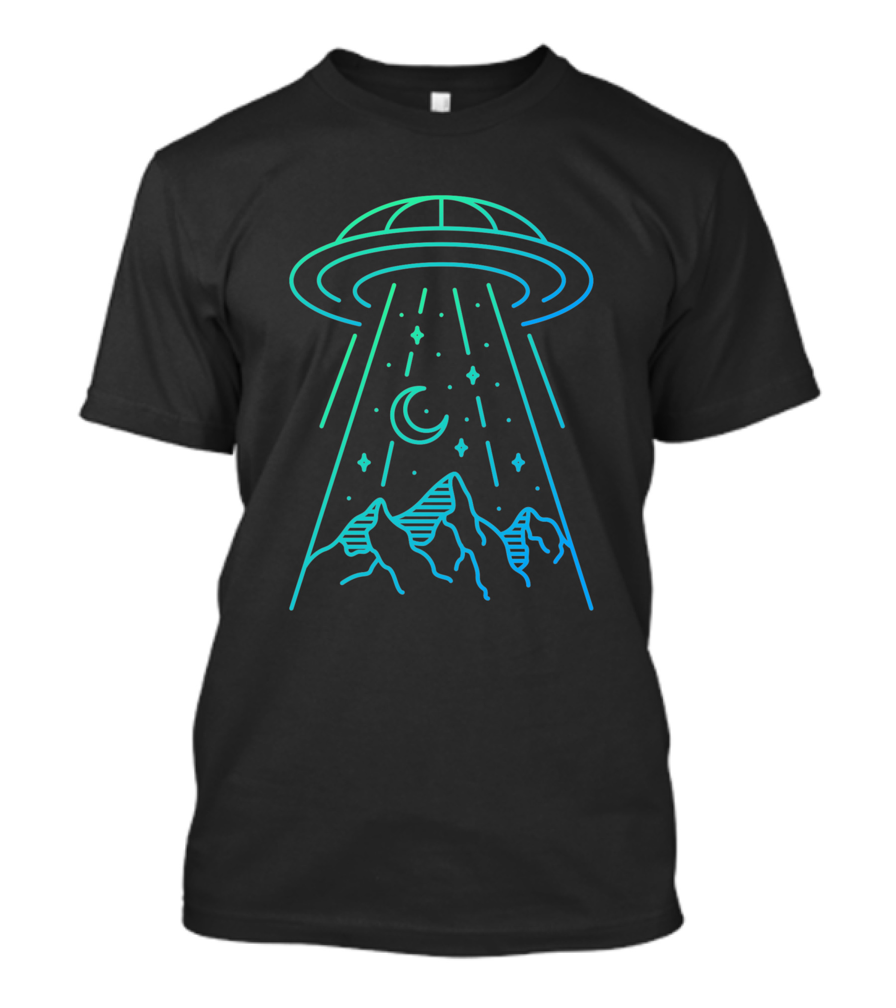 UFO In Mountain Landscape With Starry Sky And Crescent Moon T-Shirt