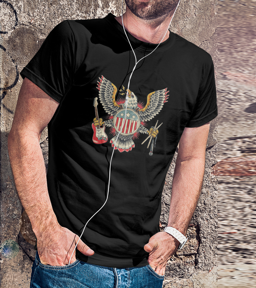 American Rockstar Eagle With Guitar And Drumsticks T-Shirt
