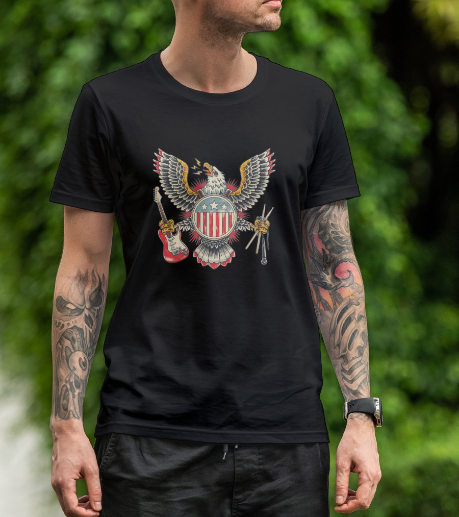 American Rockstar Eagle With Guitar And Drumsticks T-Shirt