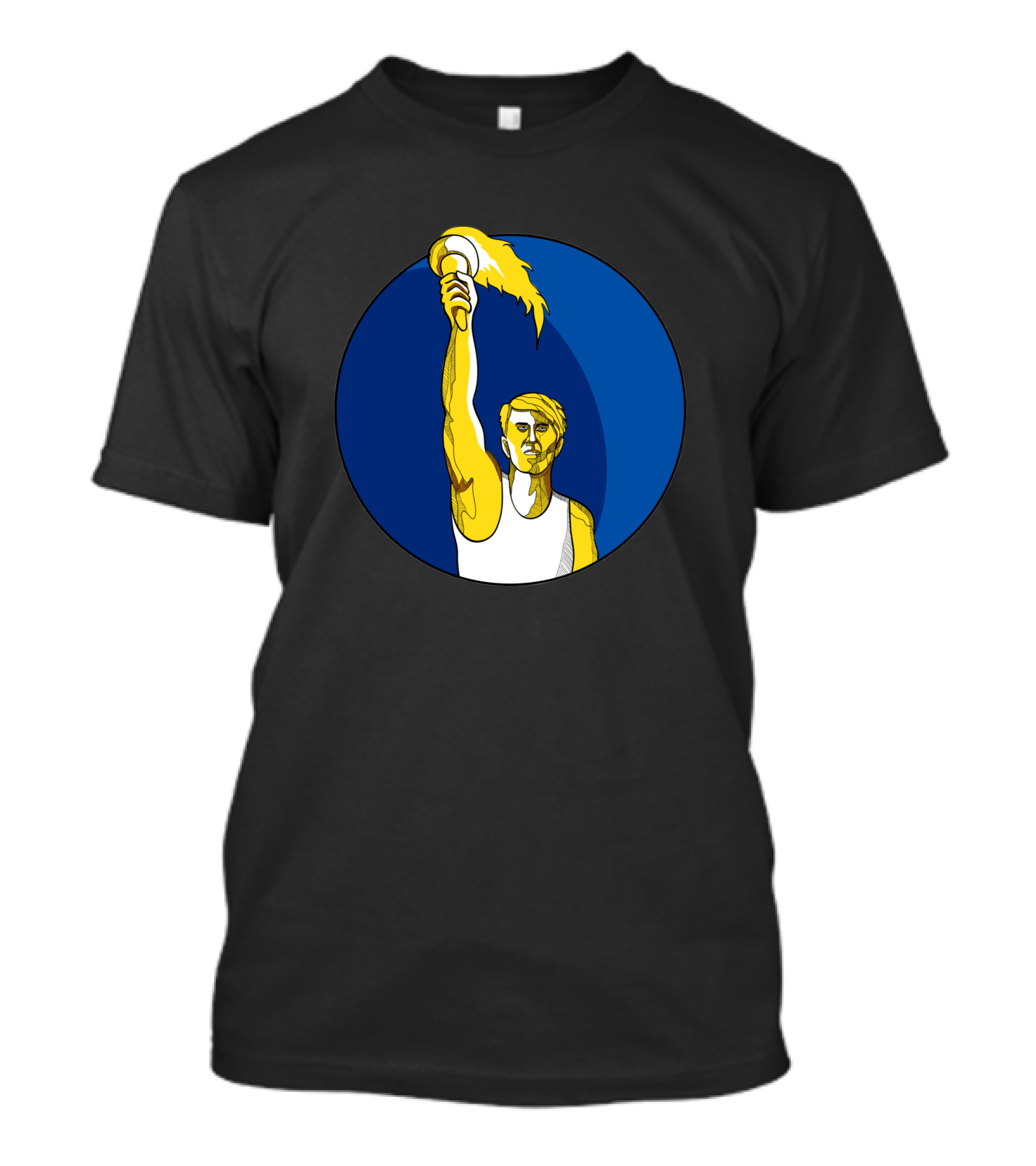 Athlete Holding Flaming Torch In Blue Circle Drawing T-Shirt