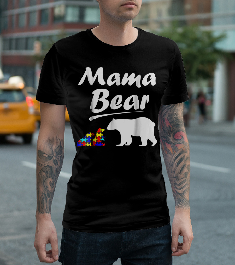 Mama Bear Autism Awareness Mom with Two Puzzle Piece Cubs T-Shirt