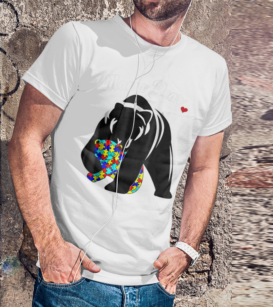 Mama Bear Autism Awareness Love Support Mom Puzzle Heart T-Shirt