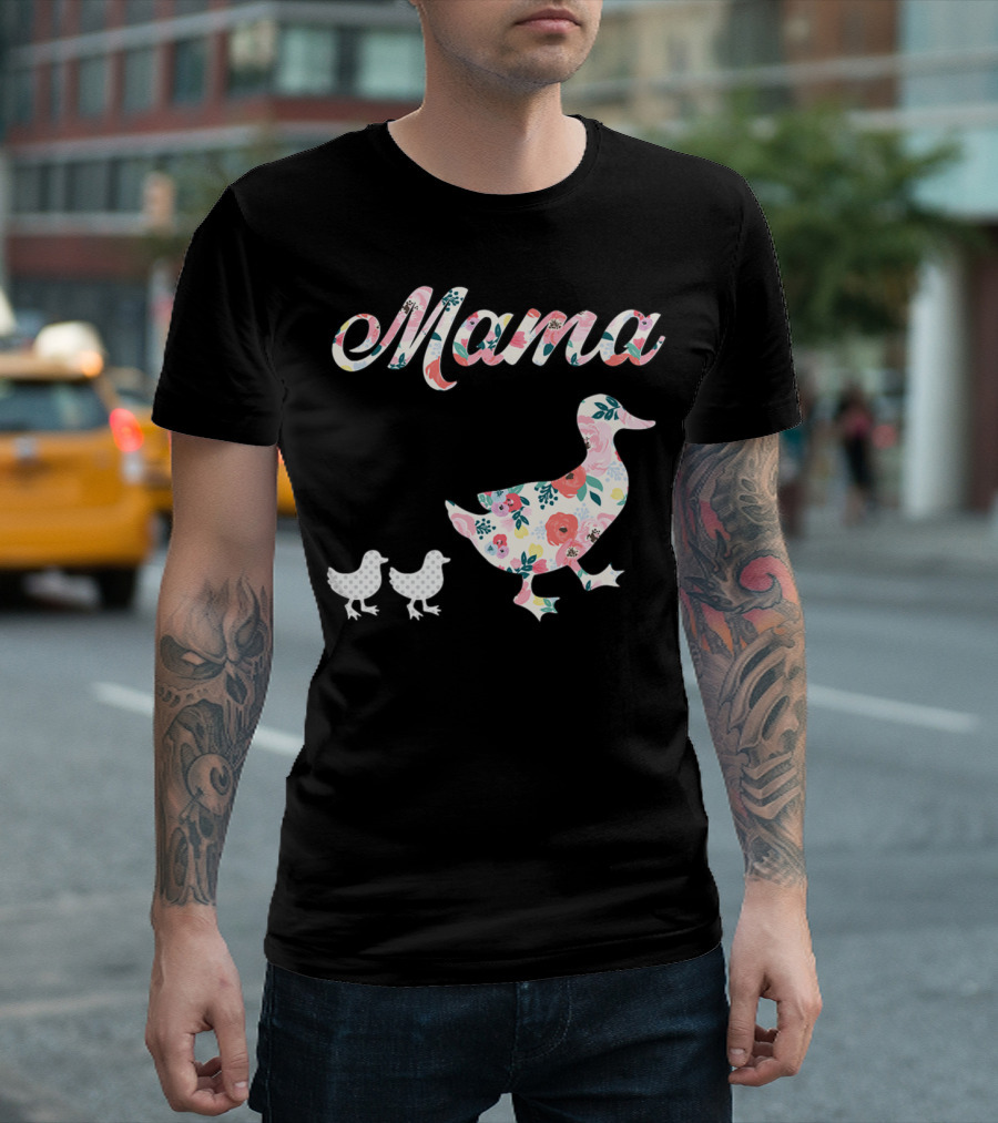 Mama Duck Mom of 2 Floral Pattern Mother Duck T-Shirt