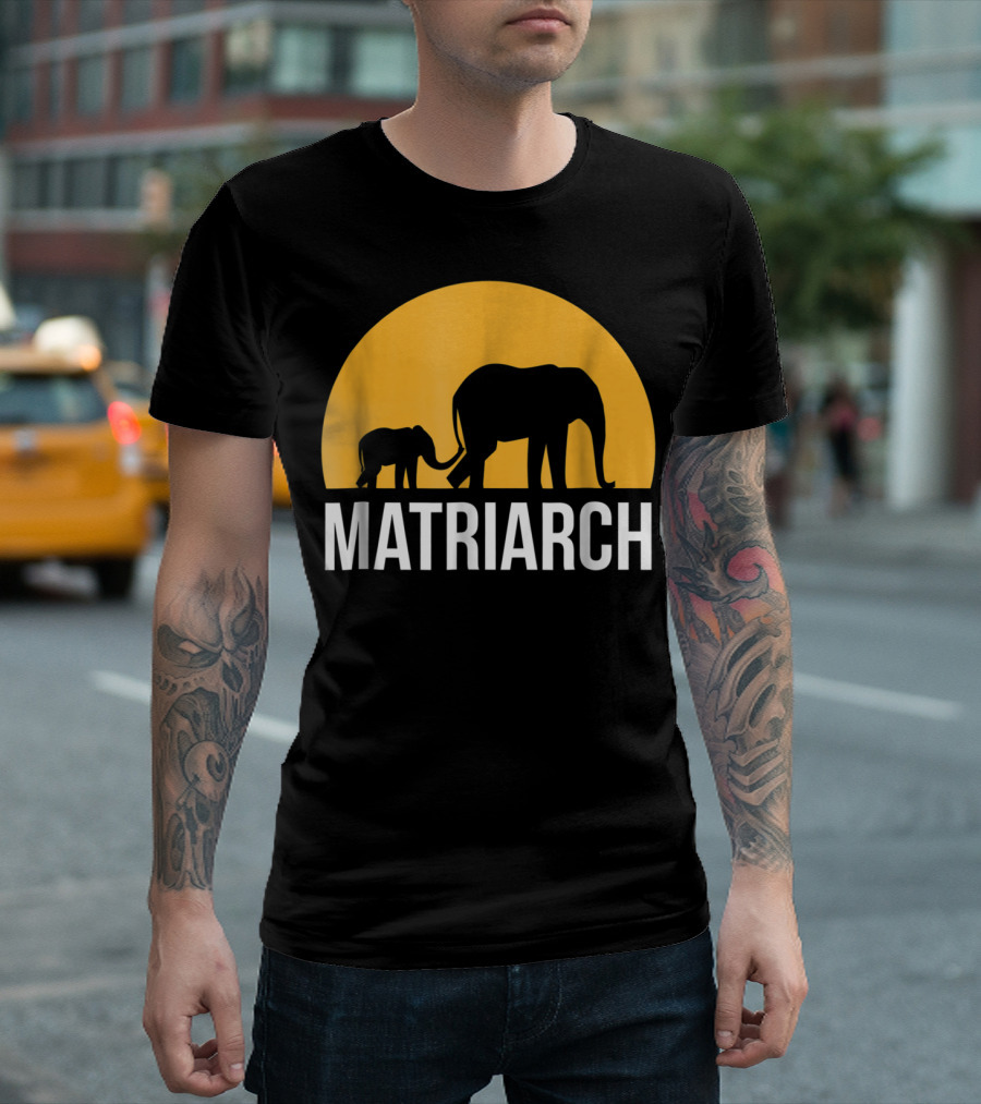 Matriarch Elephant Silhouette with Yellow Sunset Circle T-Shirt