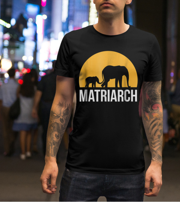 Matriarch Elephant Silhouette With Yellow Sunset Circle T-Shirt