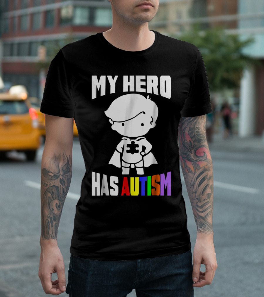 My Hero Has Autism Mom From Son56 Puzzle Cape Hero T-Shirt