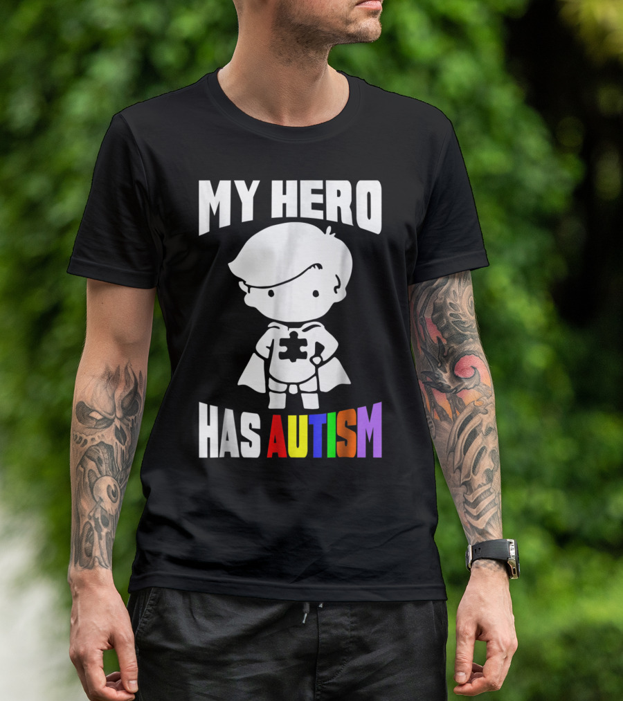 My Hero Has Autism Mom From Son56 Puzzle Cape Hero T-Shirt