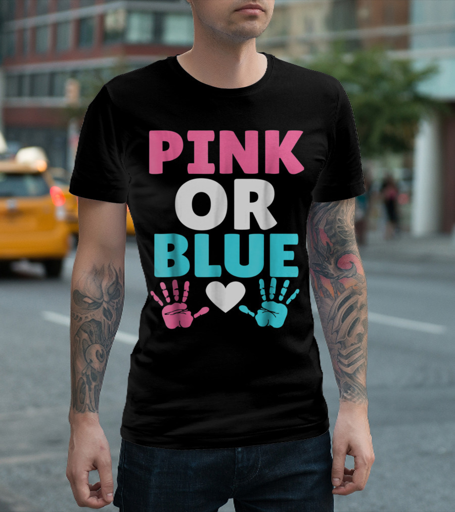 Pink or Blue Cute Baby Gender Reveal Mom and Dad Handprint Heart T-Shirt