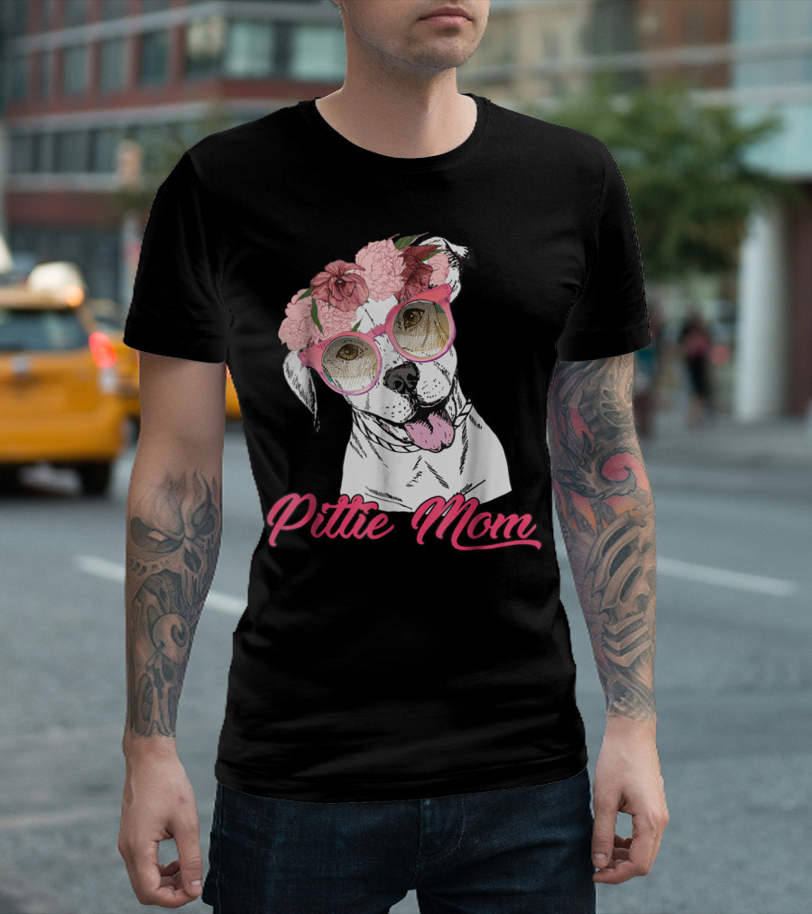 Pittie Mom with Flower Crown and Sunglasses Pitbull T-Shirt
