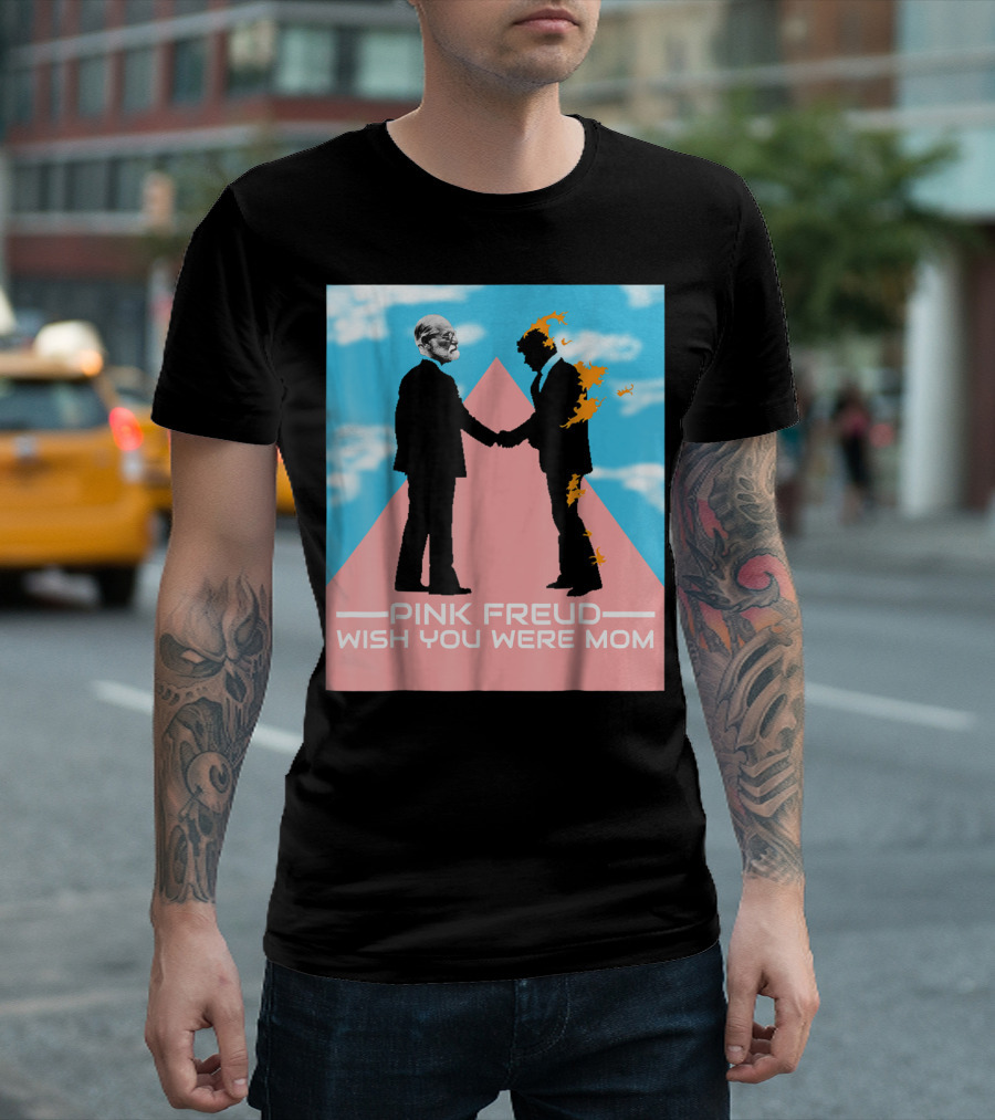 Pink Freud Wish You Were Mom Band Silhouettes on Pink Triangle with Blue Sky Background T-Shirt