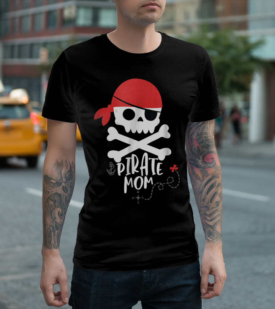 Pirate Mom Skull and Crossbones with Red Bandana Map Anchor T-Shirt