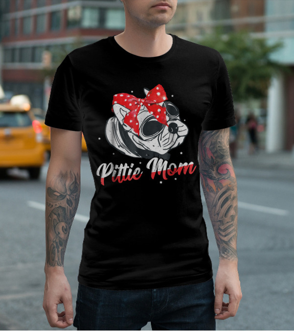 Pittie Mom American Pitbull Dog Lover Red Polka Dot Bow Glasses T-Shirt
