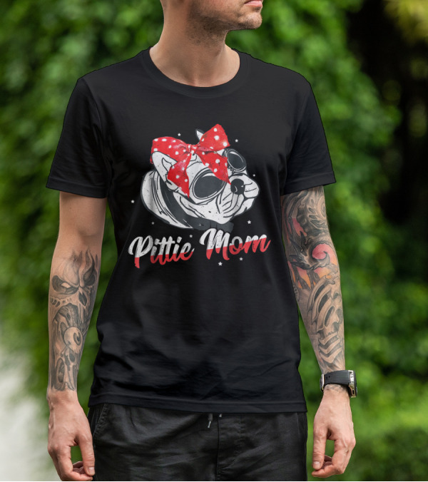 Pittie Mom American Pitbull Dog Lover Red Polka Dot Bow Glasses T-Shirt