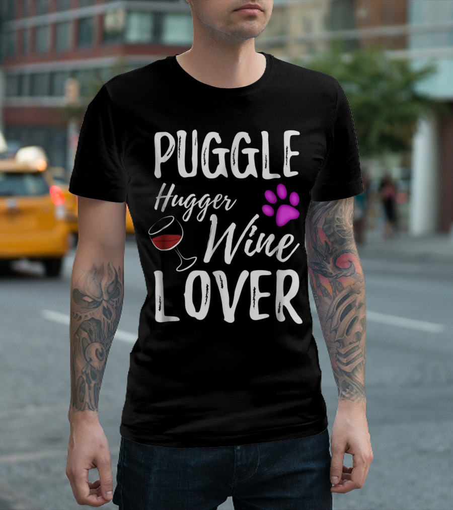 Puggle Hugger Wine Lover Paw Print Dog Parent T-Shirt