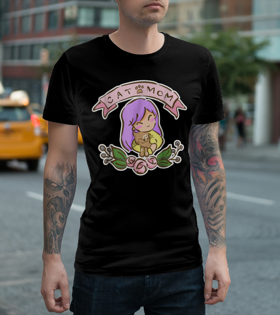 Cat Mom Cute Drawing With Purple Hair And Cat Hug T-Shirt