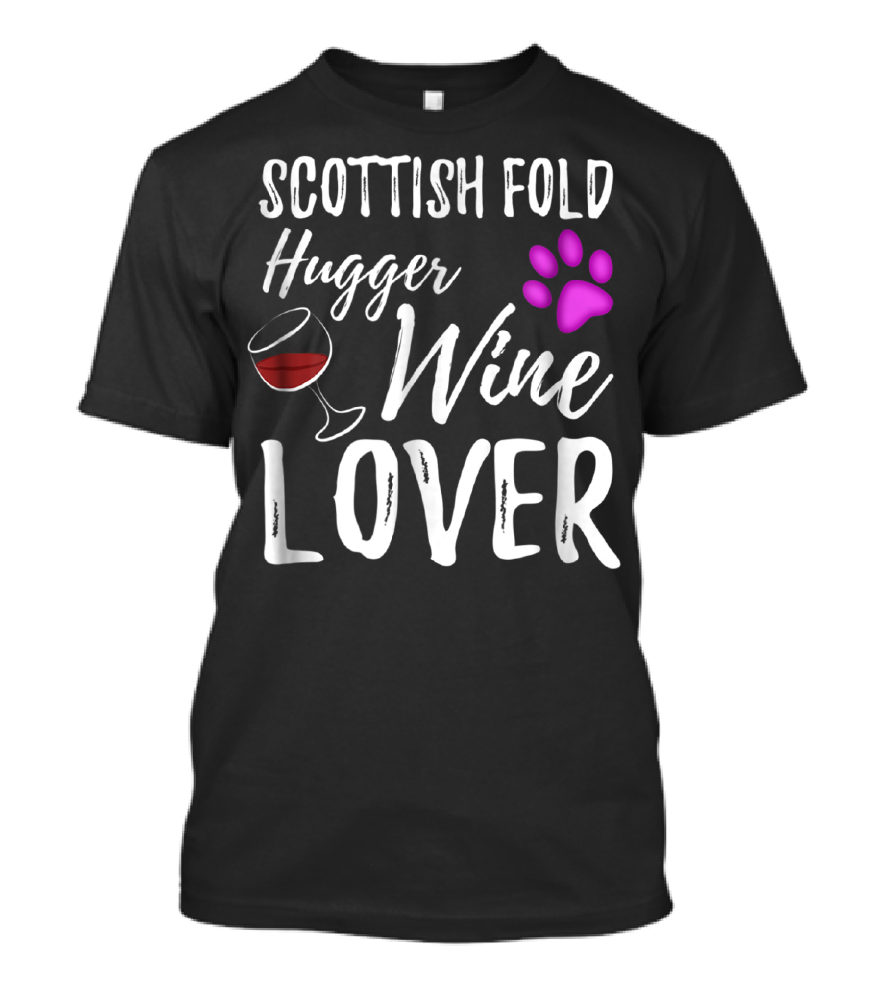 Scottish Fold Hugger Wine Lover Cat Mom Cat Dad Wine Glass Purple Paw T-Shirt