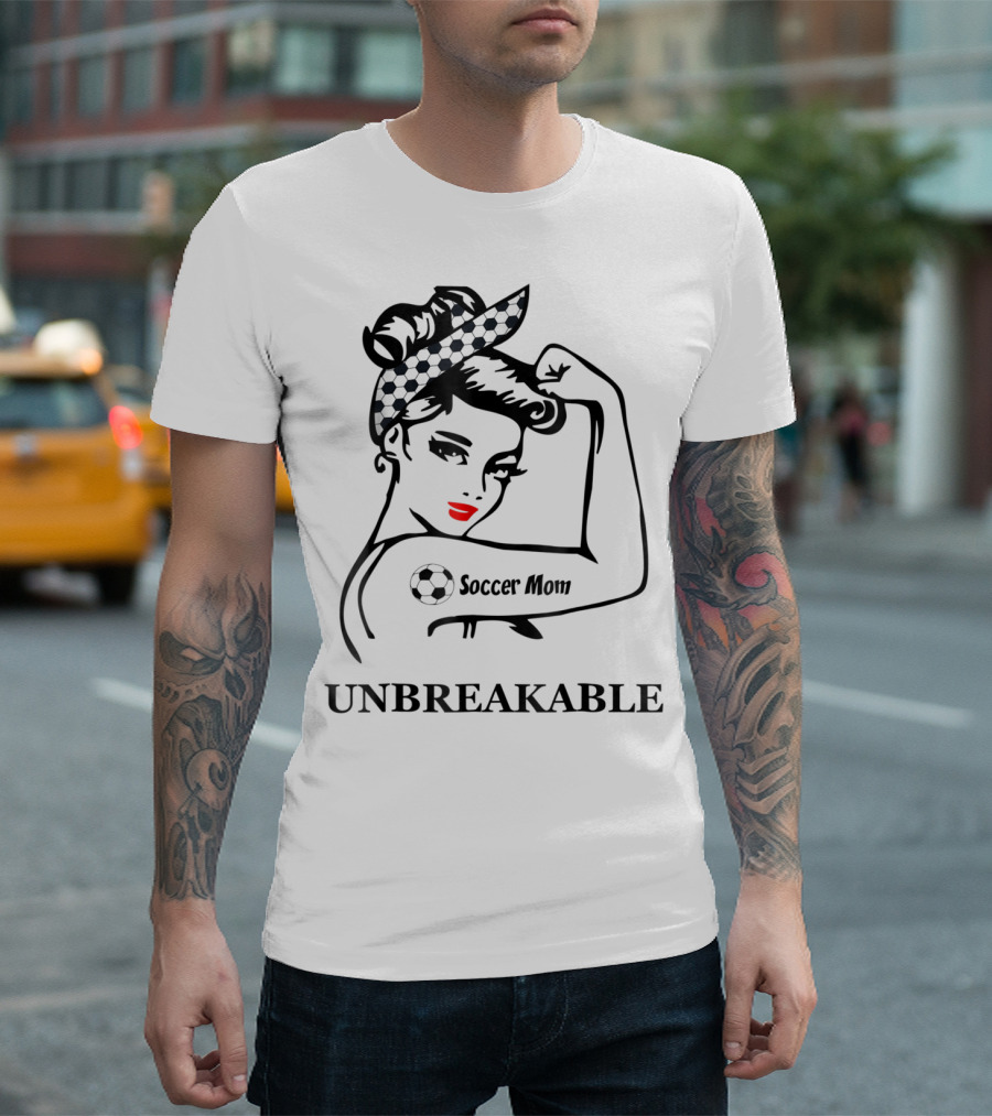 Unbreakable Soccer Mom with Soccer Ball Headscarf and Tattoo T-Shirt