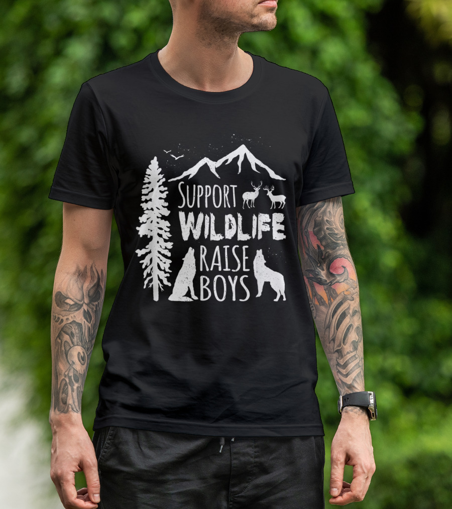 Support Wildlife Raise Boys Nature Mountains Wolves And Deer T-Shirt