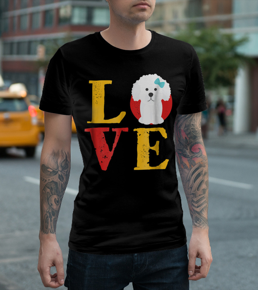 LOVE Bichon Frise Puppy With Blue Bow T-Shirt