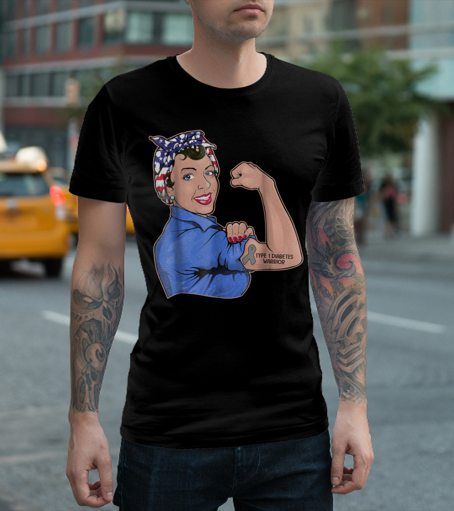Type 1 Diabetes Warrior American Flag Rosie The Riveter Style Lady Girl35 T-Shirt