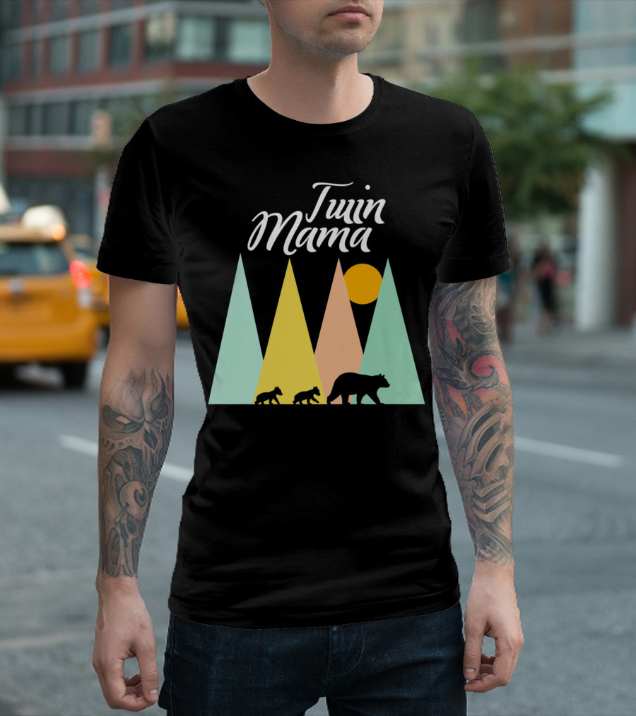 Twin Mama Bear with Cubs in Colorful Forest Scene T-Shirt