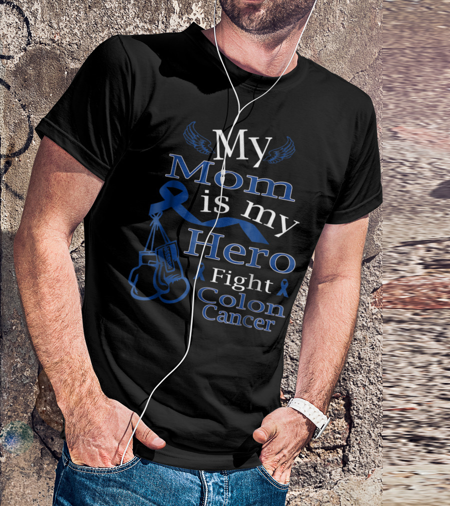 My Mom Is My Hero Fight Colon Cancer Blue Ribbon Boxing Gloves T-Shirt