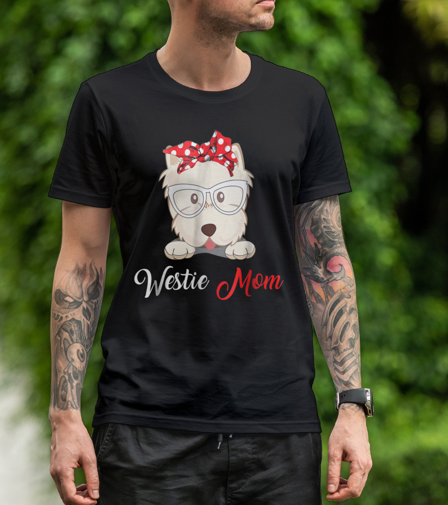 Westie Mom Glasses And Red Bow Dog Mom T-Shirt
