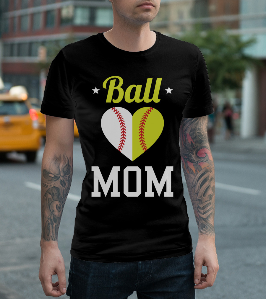 Ball Mom Heart Baseball Softball Dual Sports Mom T-Shirt