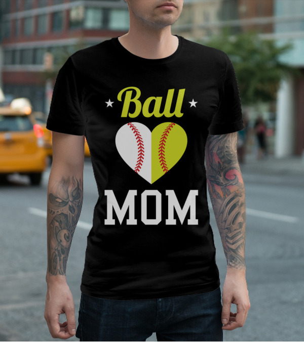 Ball Mom Heart Baseball Softball Dual Sports Mom T-Shirt