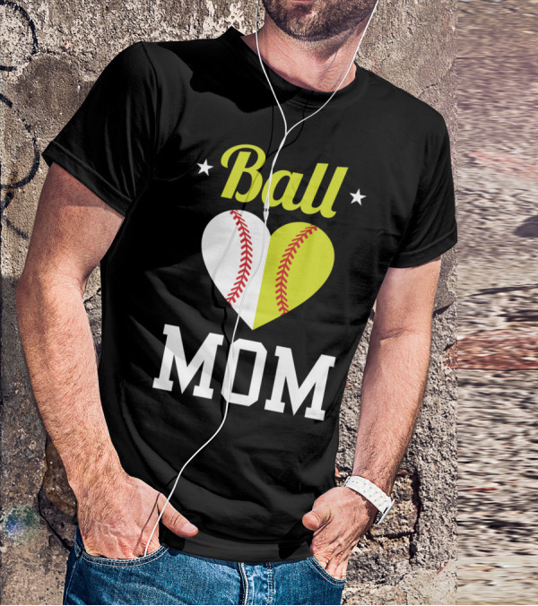 Ball Mom Heart Baseball Softball Dual Sports Mom T-Shirt