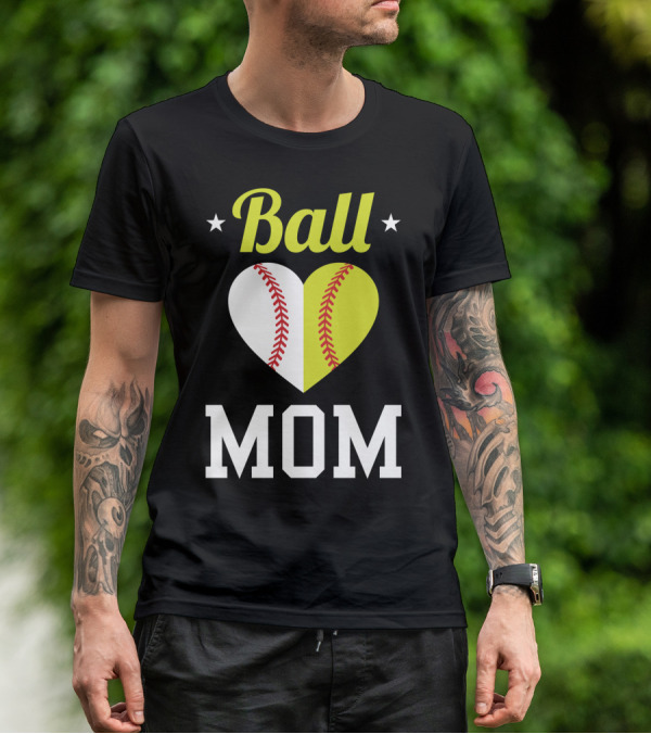Ball Mom Heart Baseball Softball Dual Sports Mom T-Shirt